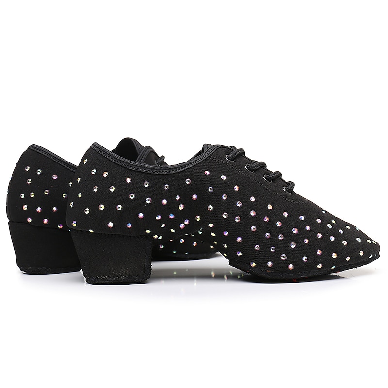 Women's Rhinestone-Embellished Ballroom Dance Shoes - Black Lace-Up Heeled Dance Shoes for Latin and Salsa4
