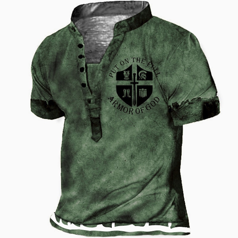 Men's T shirt Tee Henley Shirt Tee Vintage Designer Basic Shirt Graphic Letter Armor of God Short Sleeve Shirt Red Blue Purple Outdoor Daily Sports Stand Collar Summer Clothing Apparel 3D Print Plus4