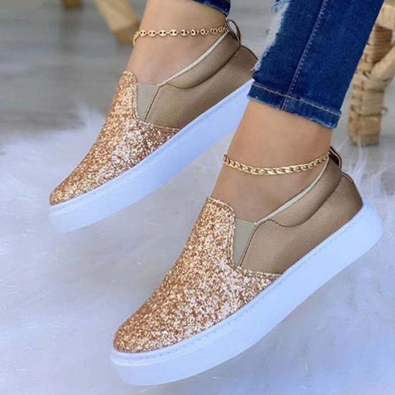 Women's Gold Glitter Slip-On Sneakers – Sparkly Casual Platform Shoes with Faux Leather Upper for Daily Wear, Parties, and Street Style2