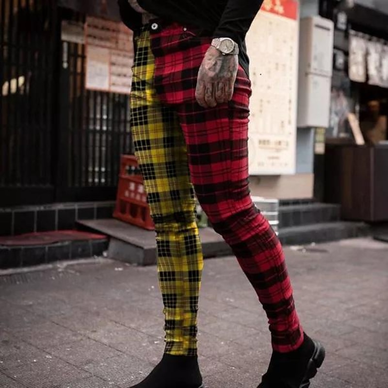 Men's Trousers Chinos Slacks Jogger Pants Plaid Dress Pants Plaid Checkered Comfort Soft Office Business Streetwear Smart Casual Red Purple Inelastic