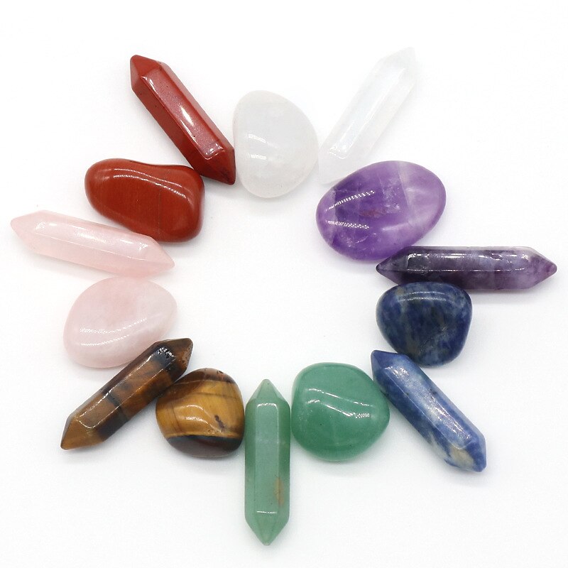Chakra Healing Stones Set Natural Spar Hexagonal Column Double Point 7 Irregular 7 Set Gift Box3