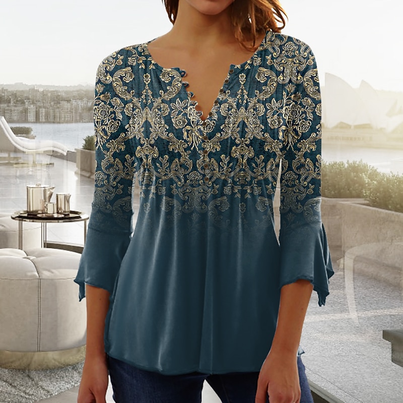Women's T shirt Long Sleeve Henley T Shirt Blouse Floral Vintage Basic 3/4 Length Sleeve Round Neck Regular Tops Casual Weekend Buttons Print Blue Purple Green Prefall