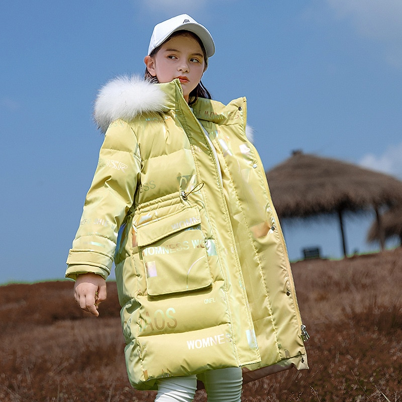 Kids Girls' Down Coat Outerwear Plain Long Sleeve Coat Street Active Cool Green Pink Yellow Winter Fall 4-12 Years2