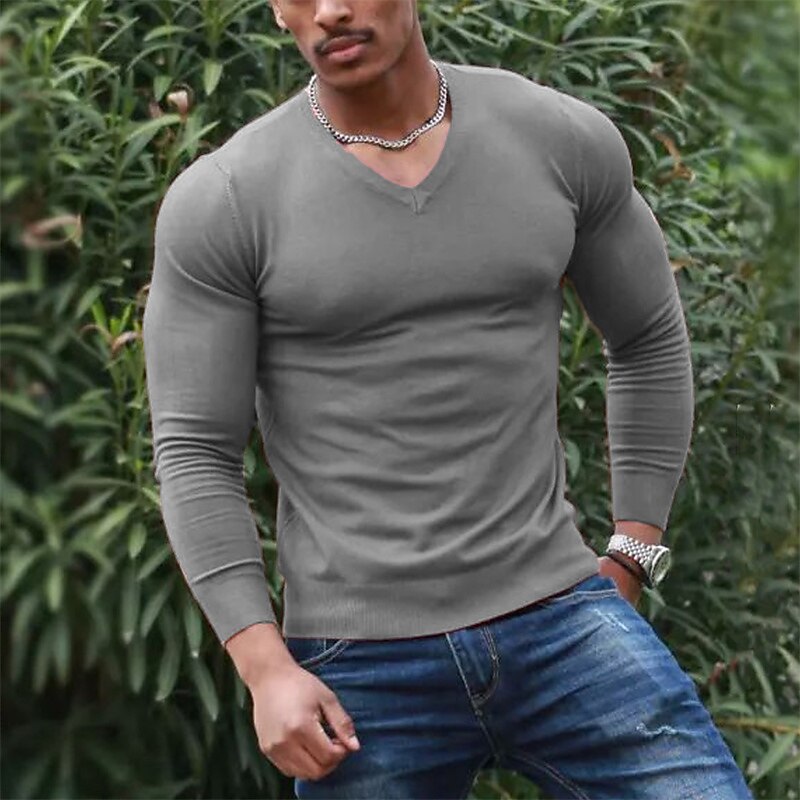 Men's T Shirt Long Sleeve Shirt Long Sleeve V Neck Spring &  Fall Plain Fashion Designer Casual Street Sports Holiday Brown Top Tee for Men3