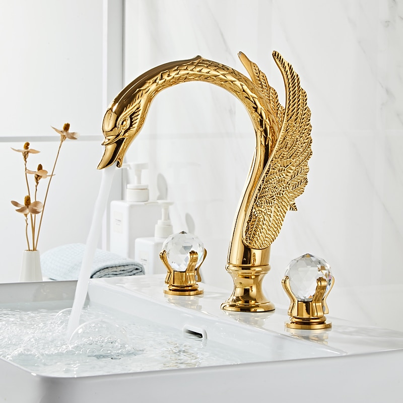Widespread Bathroom Sink Mixer Faucet Swan Shape, Vintage Brass 3 Hole 2 Handle Basin Tap Deck Mounted, Washroom Basin Vessel Water Tap with Hot and Cold Hose3