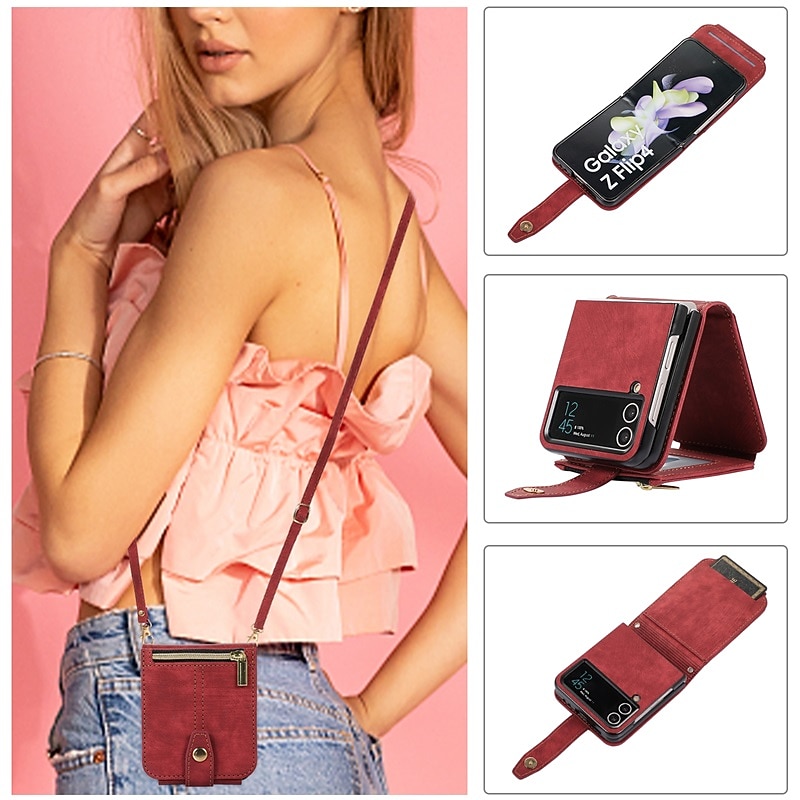 Phone Case For Samsung Galaxy Z Flip 6 Z Flip 5 Z Flip 4 Z Flip 3 Wallet Case Portable Zipper with Removable Cross Body Strap Solid Colored PU Leather