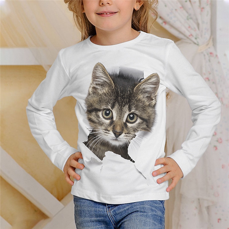 Girls' 3D Animal Cat T shirt Long Sleeve 3D Print Fall Winter Active Sports Fashion Kids 3-12 Years Outdoor Daily Indoor Regular Fit3