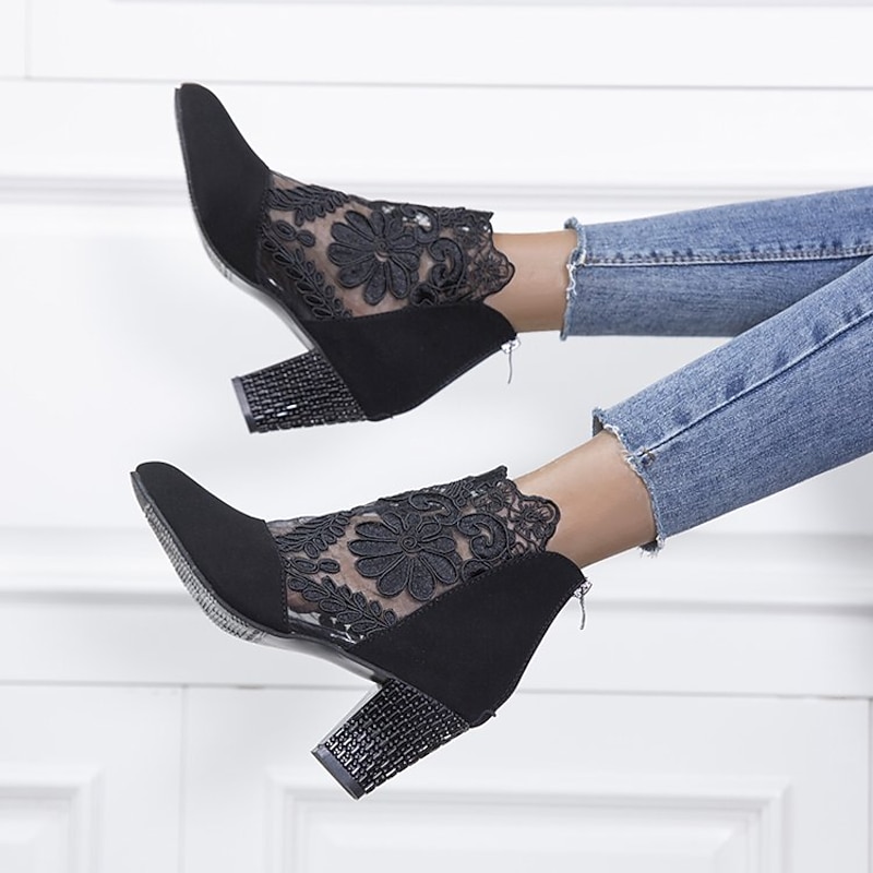 Women's Black Lace Embroidered Ankle Boots with Block Heel - Elegant Footwear for Evening Events3