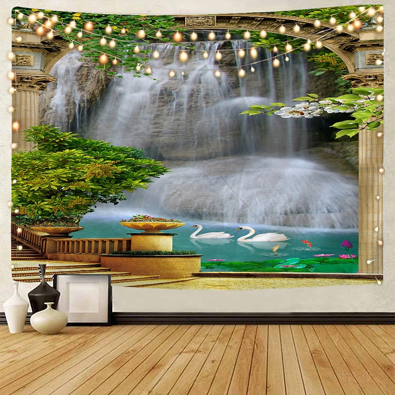 Window Landscape Wall Tapestry Art Decor Blanket Curtain Picnic Tablecloth Hanging Home Bedroom Living Room Dorm Decoration Polyester Sea Ocean Beach Palm4