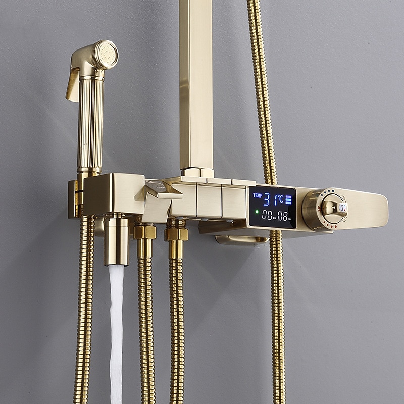 Shower Faucet,Shower System Rainfall Shower Head System Thermostatic Mixer valve Set - Handshower Included pullout Rainfall Shower Antique Country Nickel Brushed Mount Inside Ceramic Valve4