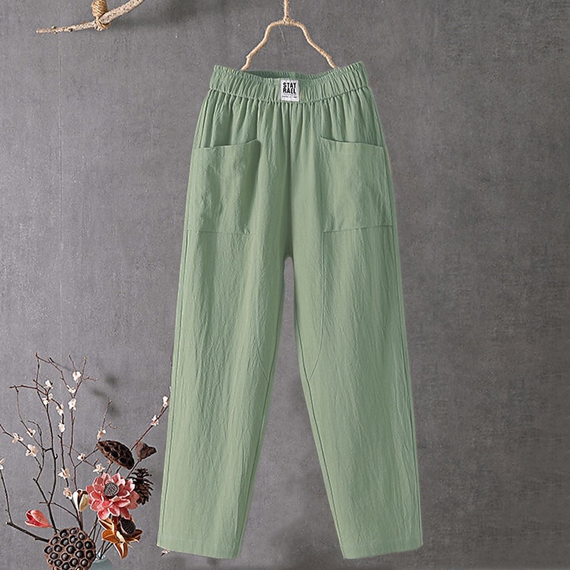 Women's Normal Cotton Linen Pants Chinos Baggy Pants Solid Comfort Ankle-Length Mid Waist Side Pockets Elastic Waist Baggy Comfort Micro-elastic Casual Daily Black White Red Green Summer Spring Fall2