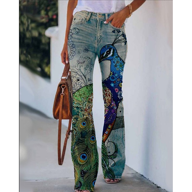 Women's Flared Pants Bell Bottom Pants Trousers Fashion Full Length Mid Waist Skull Flower / Floral Side Pockets Wide Leg Print Comfort Micro-elastic Halloween Weekend Navy-blue Rainbow Sky Blue And2