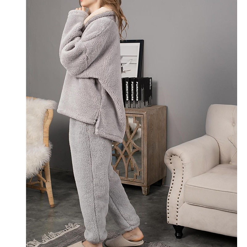 Women's Pajamas Pjs Sets 2 Pieces Pure Color Fashion Plush Comfort Home Vacation Fleece V Wire Long Sleeve Pullover Pant Elastic Waist Fall Winter Home Outfits3