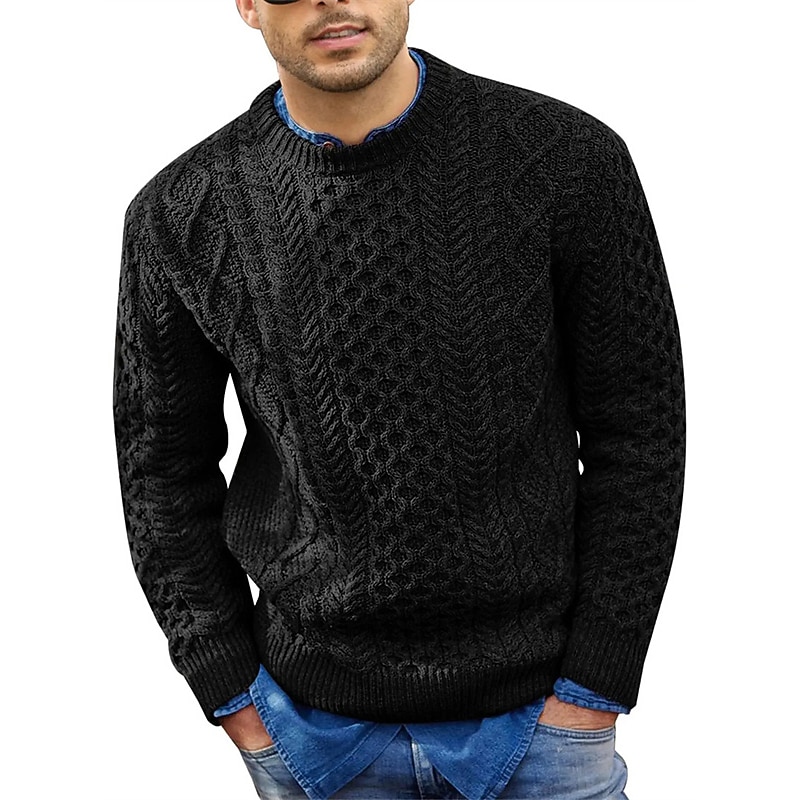Men's Sweater Pullover Sweater Jumper Dress Sweater Ribbed Cable Knit Cropped Knitted Crew Neck Going out Weekend Clothing Apparel Fall Winter Black Pink M L XL4