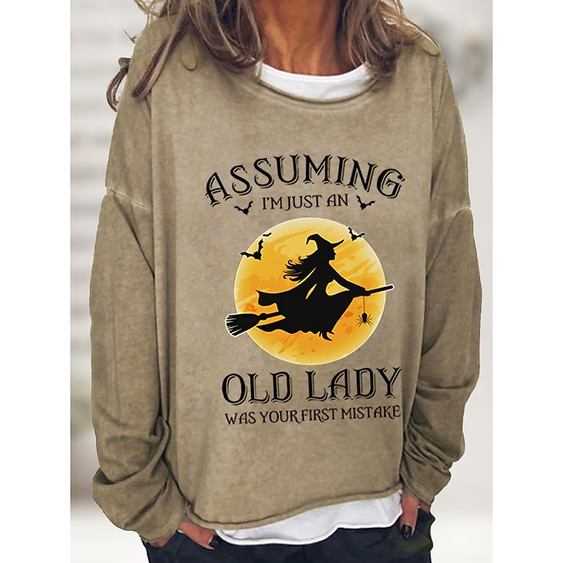 Halloween Women's Pullover Cotton Blend Letter Casual Print Basic Casual Loose Fit Crew Neck Long Sleeve Micro-elastic Spring Fall Fall & Winter