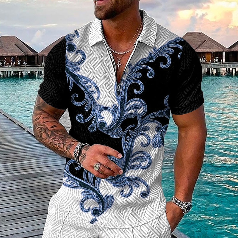 Men's Baroque Zip Polo Shirts Golf Shirt Short Sleeve Polo Shirts Collared Shirts Vintage Casual Vacation Wear Party Outfits 3D Print Quarter Zip Polo Black / Gray Black Pink3
