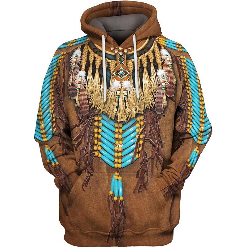 Men's Tribal Graphic Prints Hoodie Hoodies Sweatshirt Streetwear Basic Long Sleeve Hooded Sports & Outdoor Daily Sports White Brown Print Spring &  Fall Designer3