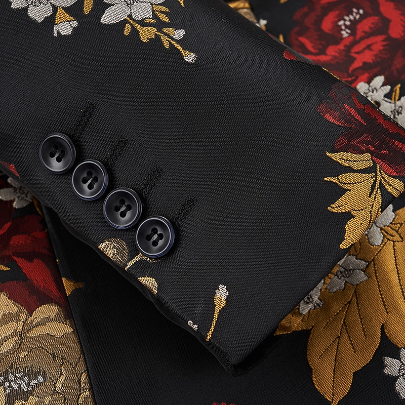 Men's Blazer Notch Collar Fashion Party Floral Black Standard Fit Single Breasted One-button4