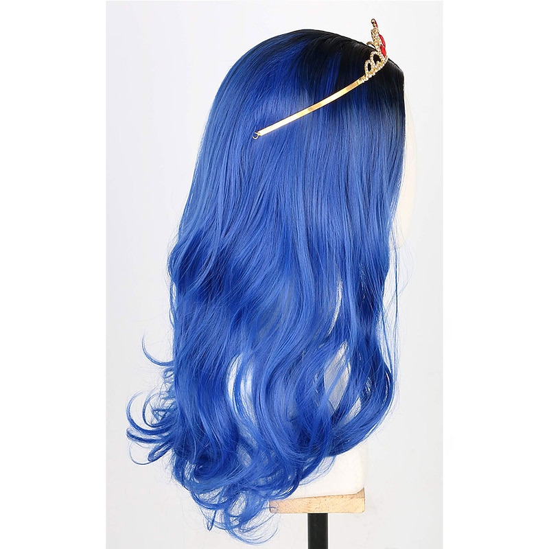Kids Girls Topcosplay Blue Wig Long Wavy Carnival Costume Cosplay Wig with Black Roots for Dress Up Party4