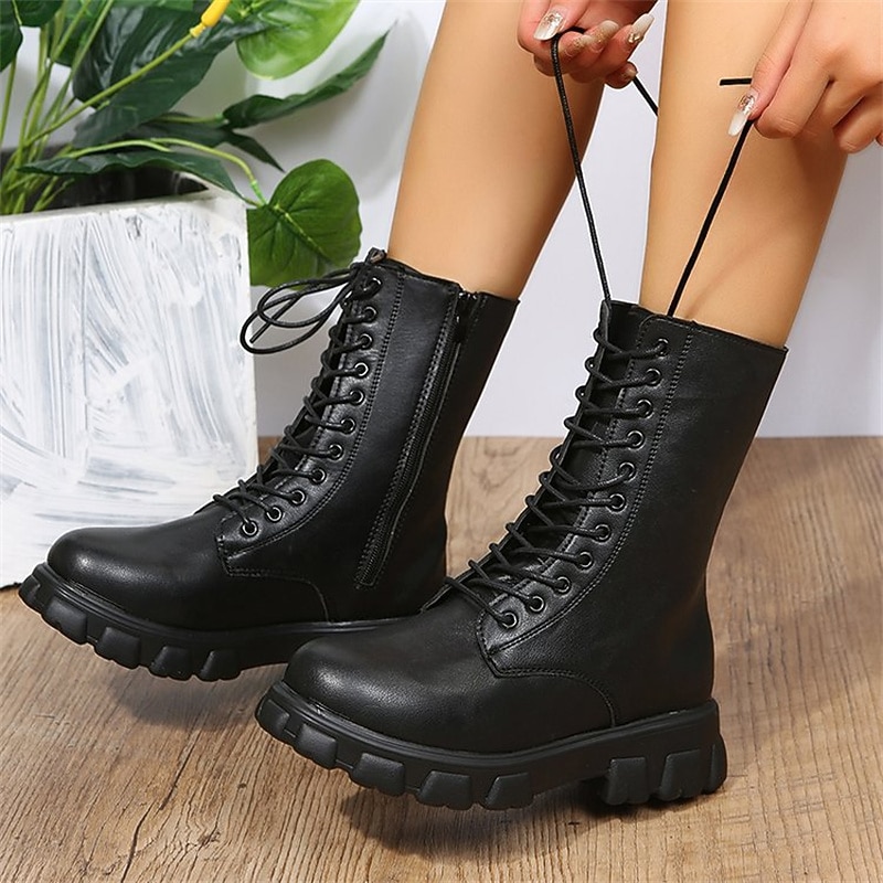 Women's White Combat Boots with Chunky Lug Sole, Lace-Up Mid-Calf Boots for Casual Streetwear, Outdoor Walking and Fall Winter Outfits4