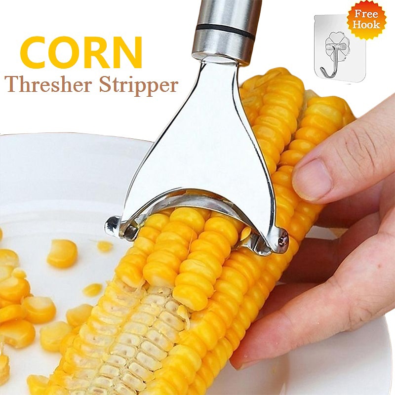 Stainless Steel Corn Stripper with Self-adhesive Hook Corns Threshing Corn Thresher Stripper Peeler Corn Kerneler Peeler Fruit Vegetable Kitchen Gadgets