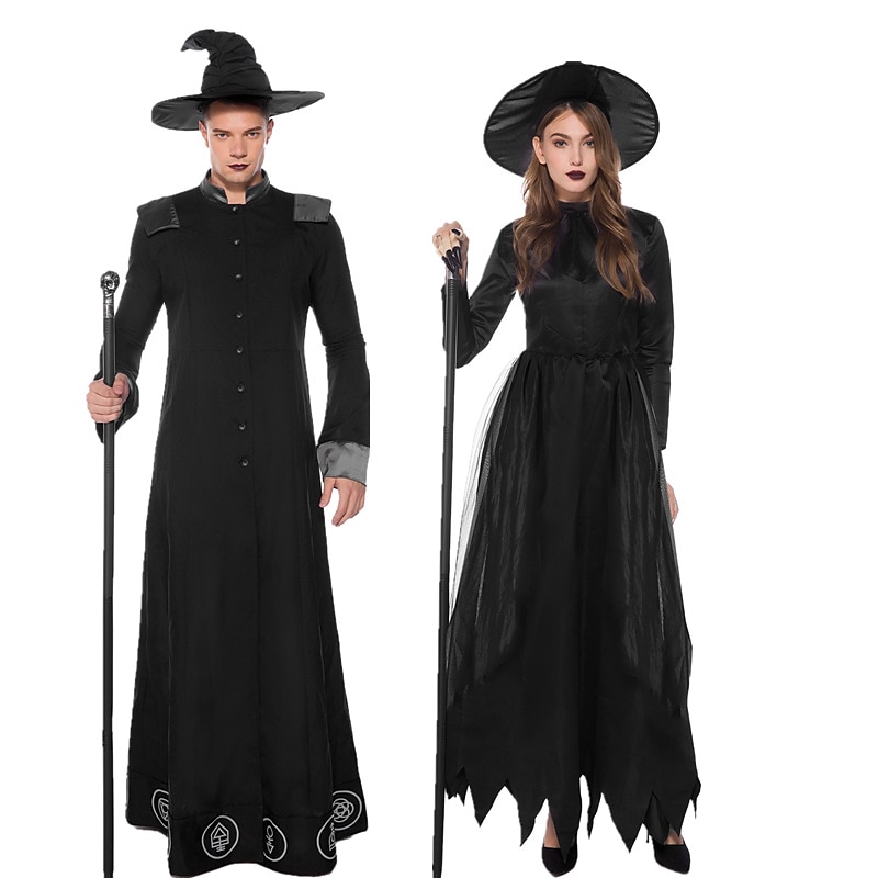 Couples Cosplay Witch Warlock Couples' Costumes Men's Women's Movie Cosplay Cosplay Costume Party Black Dress Hat Carnival Masquerade Valentine's  Day for Walpurgis Night