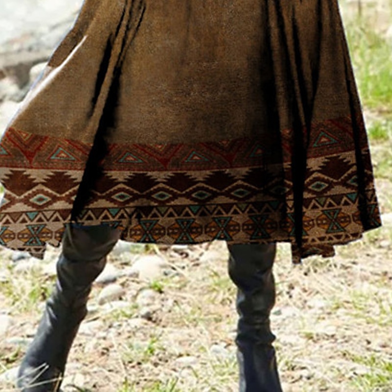 Women's Midi Dress Casual Dress Winter Dress Ethnic Dress Swing Dress Vacation Casual Modest Formal Outdoor Winter Dress Regular Fit Geometric Long Sleeve Crew Neck Yellow Fall Winter Autumn2