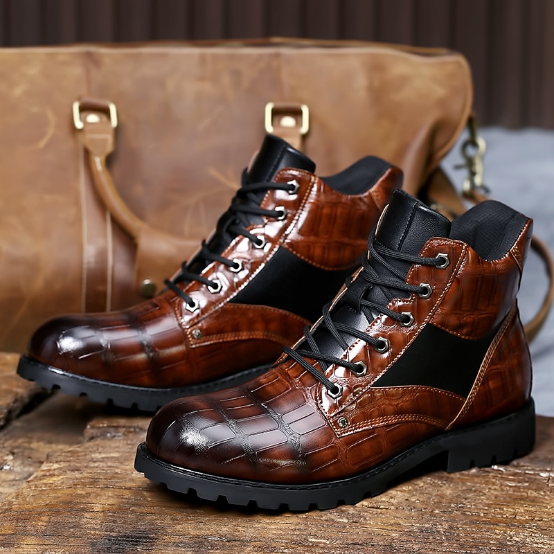 Men's Brown Faux Leather Lace-Up Boots with Crocodile Pattern and Rugged Sole, Stylish and Durable for Outdoor and Casual Wear2