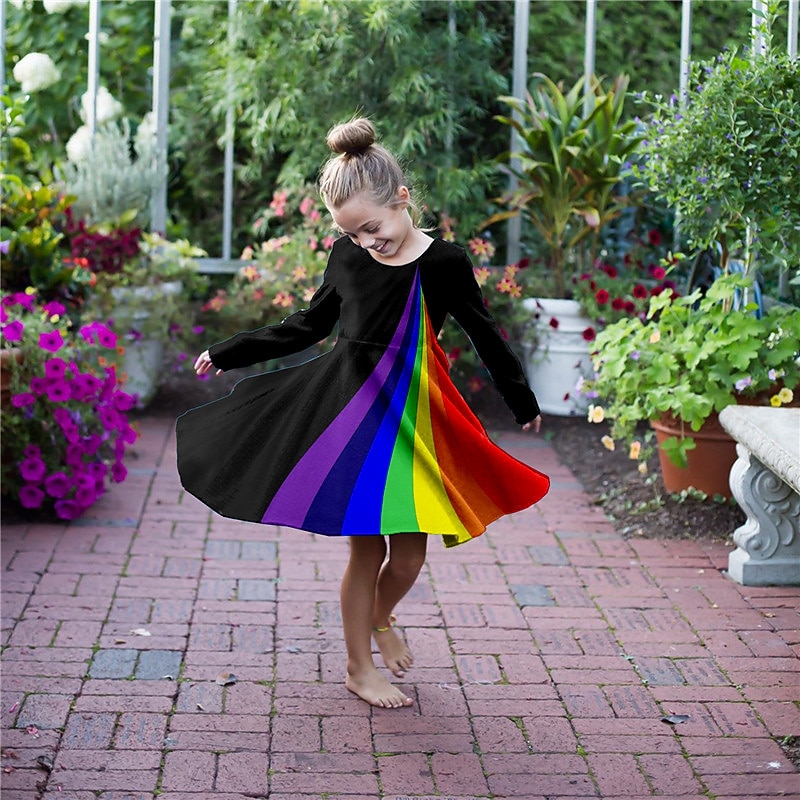 Kids Little Girls' Dress Rainbow A Line Dress Daily Holiday Vacation Print Black Above Knee Long Sleeve Cute Casual Sweet Dresses Fall Winter Regular Fit 3-10 Years