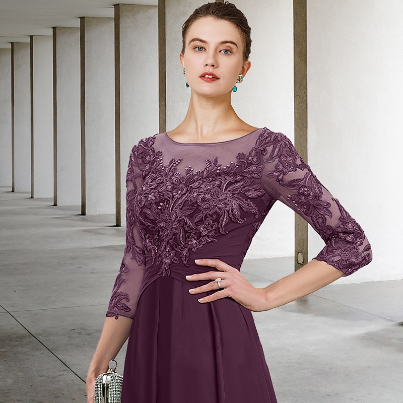 A-Line Mother of the Bride Dress Wedding Guest Elegant Plus Size Jewel Neck Ankle Length Chiffon Lace 3/4 Length Sleeve with Ruched Sequin Appliques4