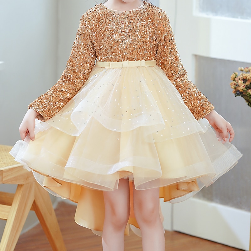 Kids Girls' Dress Sequin Long Sleeve Party Sequins Princess Sweet Polyester Midi Spring Fall 4-13 Years Red Gold