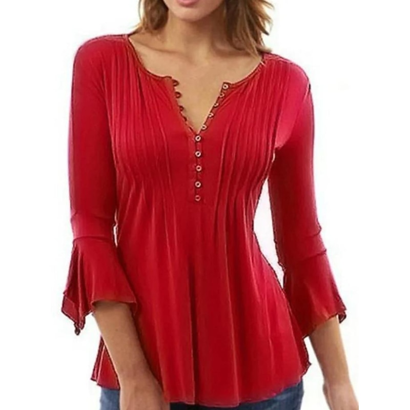 Women's Shirt Blouse Streetwear Casual 3/4 Length Sleeve Shirt Collar Regular Tops Holiday Weekend Pleated Red