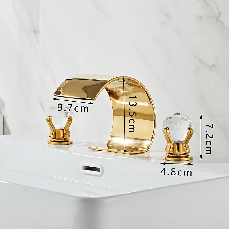 Bathroom Faucet 3 Hole Dual Crystal Knobs Widespread 3 Holes Vanity Basin Mixer Tap Bathtub Filler Faucet Waterfall Faucet for Bathroom(Golden/Black/Chrome)2