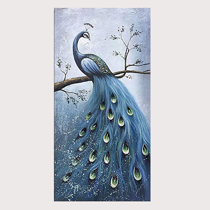 Handmade 3D Oil Painting Hand Painted Vertical Floral / Botanical Contemporary Modern Stretched Canvas Peacock2