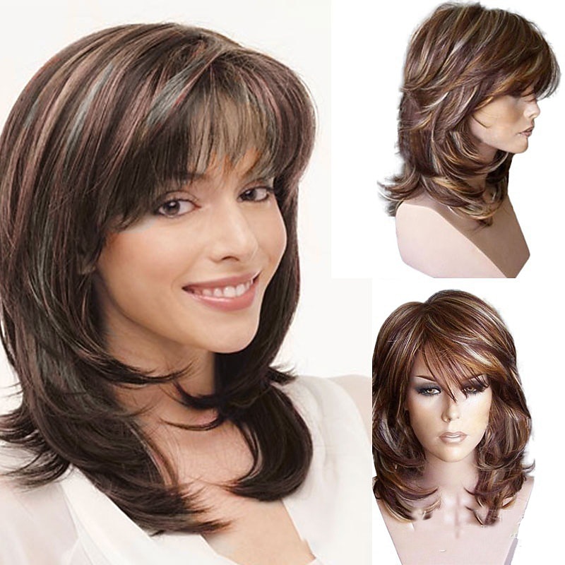 Brown Wigs for Women Synthetic Wig Curly Minaj Layered Haircut Wig Long Medium Brown Strawberry Blonde Synthetic Hair for Party Daily
