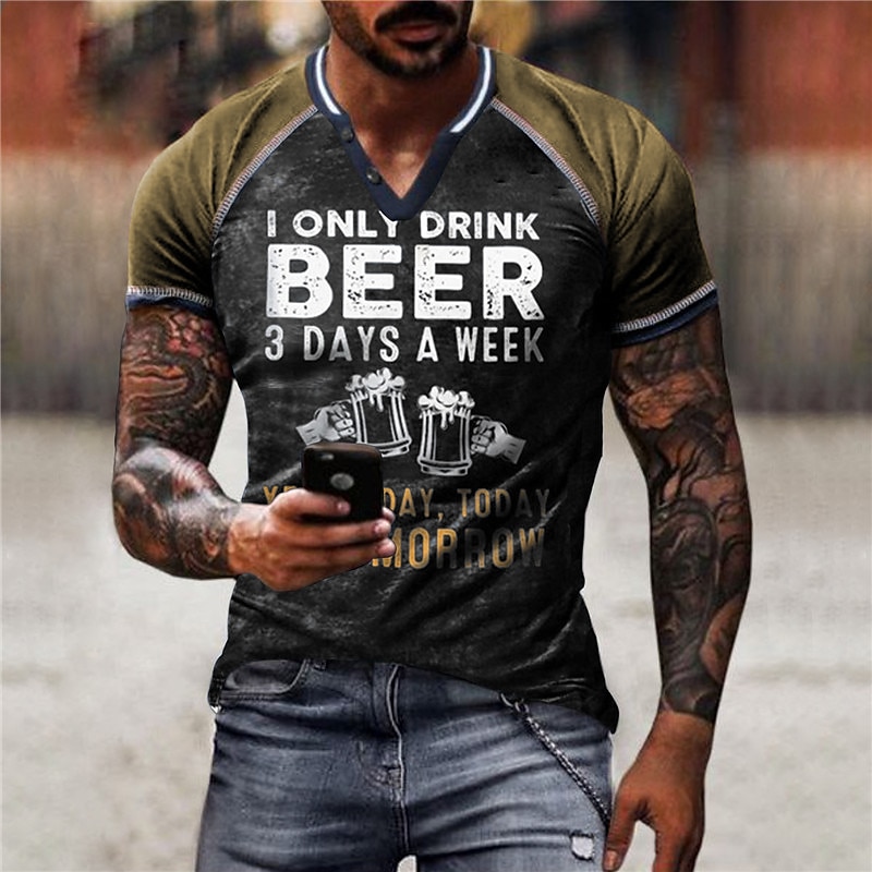 Men's Color Block Letter Graphic Prints T shirt Funny T Shirts Short Sleeve 3D Print Vintage Sports Fashion Outdoor Street Daily Summer Yellow Army Green Blue Brown Green V Neck Henley T-Shirt4