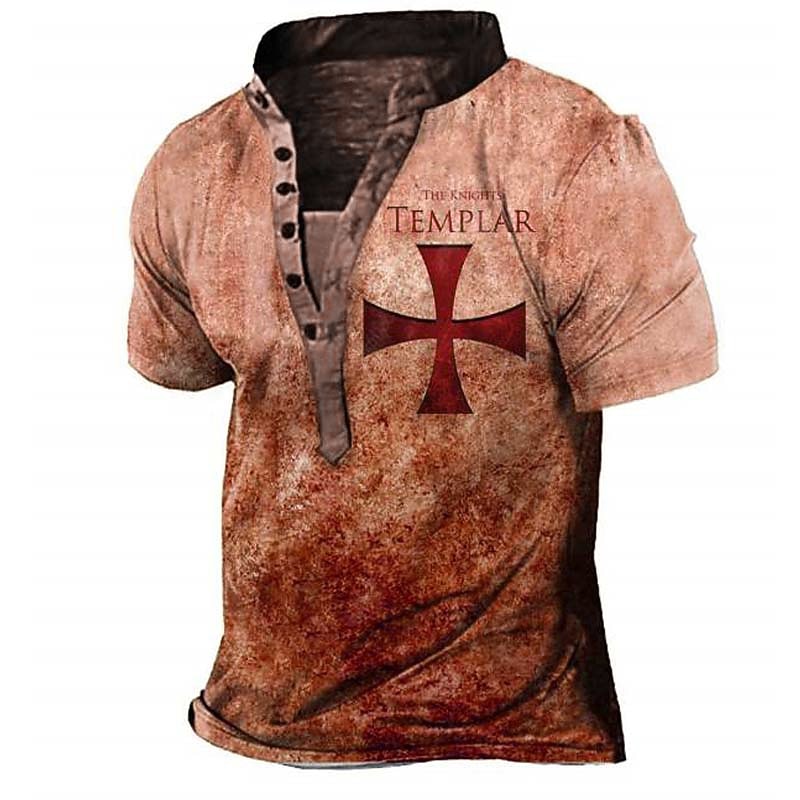 Men's Templar Cross Cross T Shirt Henley Shirt Short Sleeve 3D Print Vintage Designer Basic Outdoor Daily Sports Summer Red Brown Gray Stand Collar Henley T-Shirt2