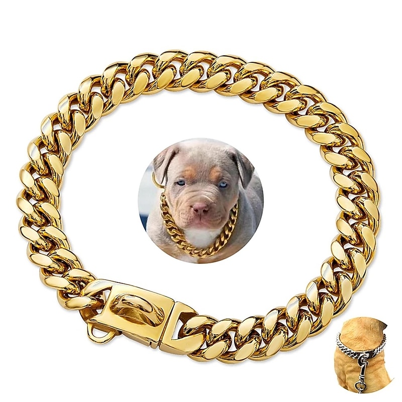 14mm New Pet Dog Collar Stainless Steel Cuban Chain Dog Chain Dog Collar Lock Gold Silver Dog Chain