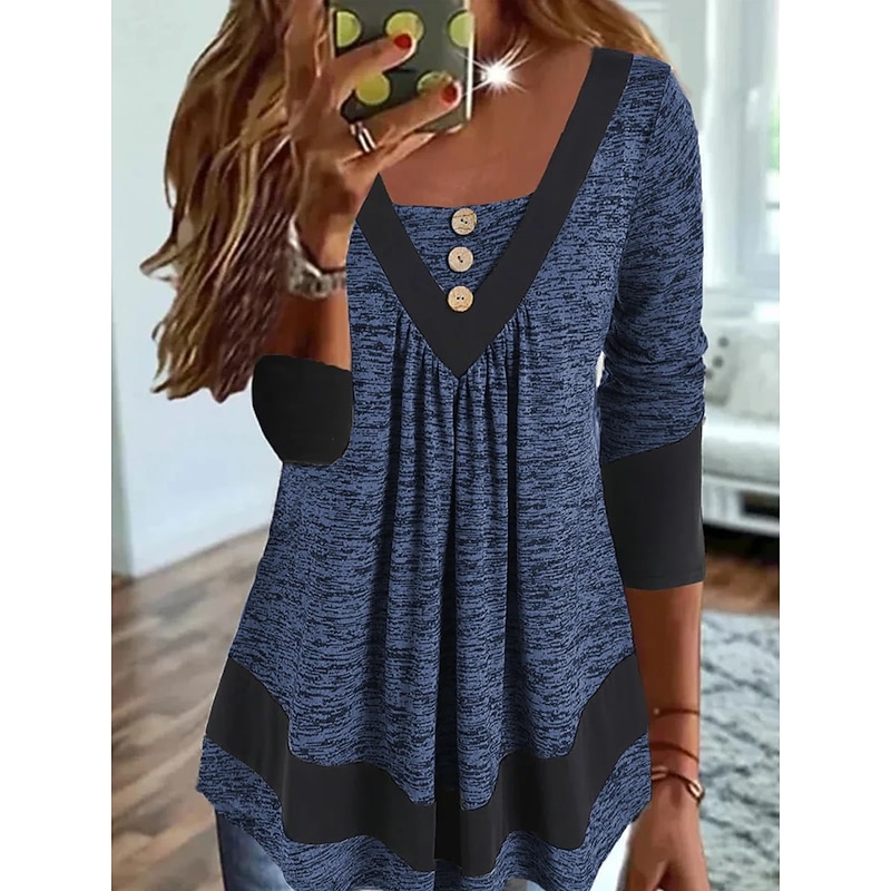 Women's Plus Size T Shirt Color Block Basic Long Sleeve V Neck Long Tops Casual Weekend Buttons Flowing tunic Blue Orange Green Gray Fall & Winter2