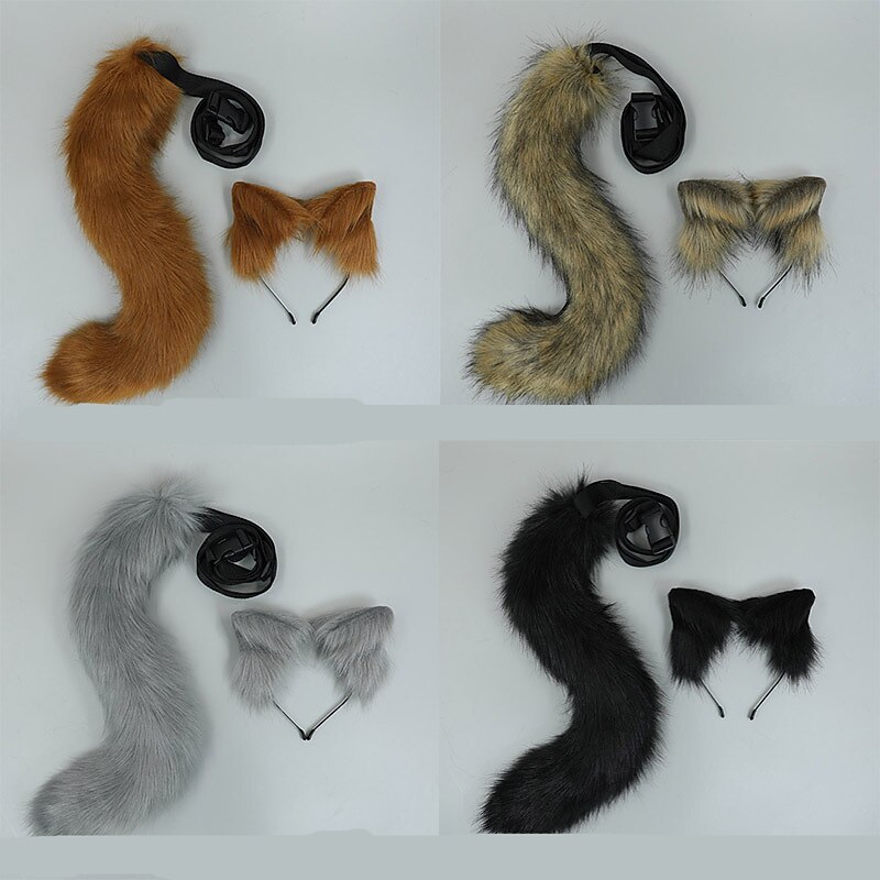 Furry Fox Cat Wolf Headband Tail Flexible Faux Fur Ears Carnival Christmas Party Lolita Cosplay Costumes Fursuit Accessory Set Masquerade Party Gift