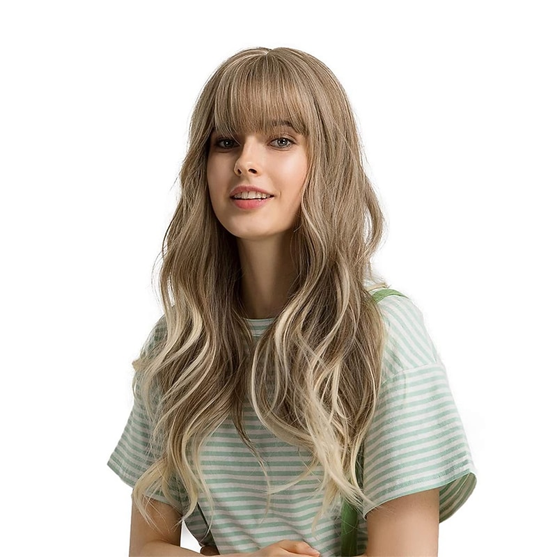 24 Wigs for Women Synthetic Wigs Long Wavy Blond with Fluffy Air Bangs Light Halloween Wigs