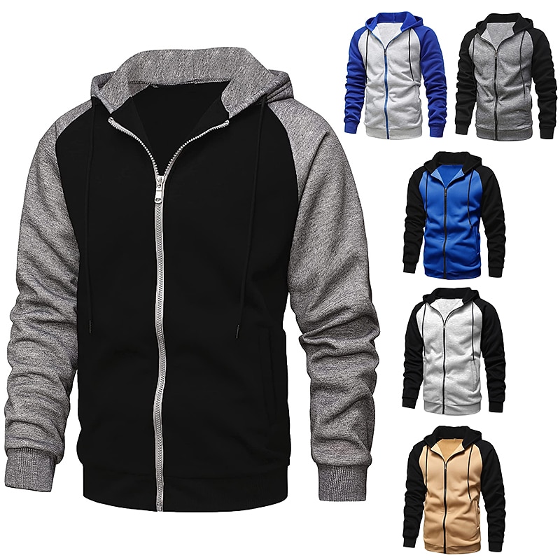Men's Zip Hoodie Sweatshirt Sweat Jacket Pullover Hoodie Sweatshirt Outerwear Black Royal Blue Blue Khaki Light Grey Hooded Solid Color Work Casual Streetwear Polyester Sportswear Work Casual Winter