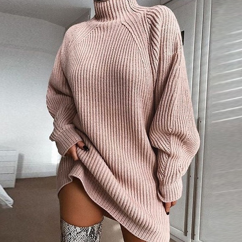Women's Sweater Dress Knit Dress Jumper Dress Mini Dress Knitwear Stylish Basic Print Pure Color Winter Dress Daily Holiday Fall Dress Turtleneck Long Sleeve Knit 2023 Loose Fit Pink Wine Light Grey
