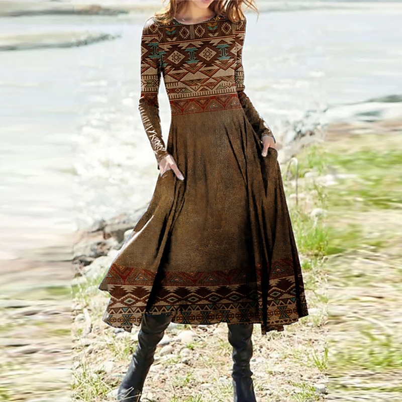 Women's Midi Dress Casual Dress Winter Dress Ethnic Dress Swing Dress Vacation Casual Modest Formal Outdoor Winter Dress Regular Fit Geometric Long Sleeve Crew Neck Yellow Fall Winter Autumn