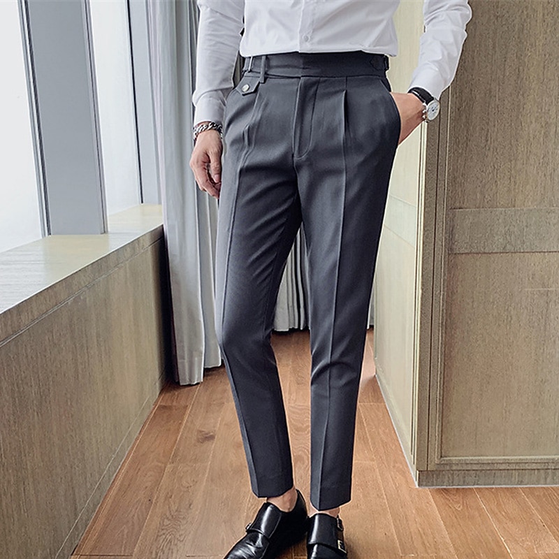Men's Graduation Dress Pants Trousers Suit Pants Gurkha Pants Pocket High Rise Plain Comfort Soft Wedding Office Business Vintage Classic Dark Khaki Black Micro-elastic3