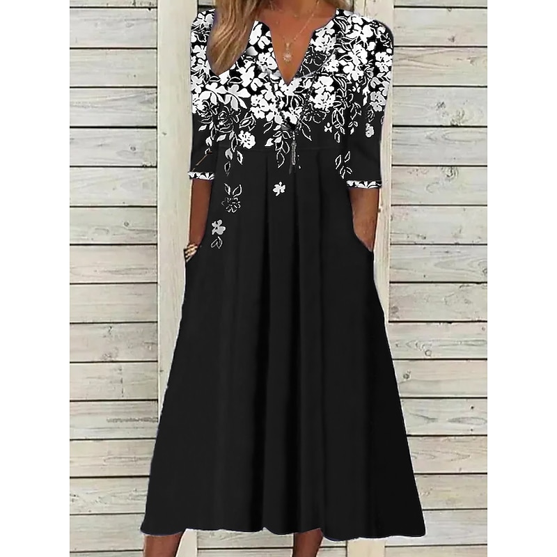Women's Midi Dress Tunic Dress Floral Pocket V Neck Midi Dress Elegant Stylish Daily Half Sleeve Summer Spring