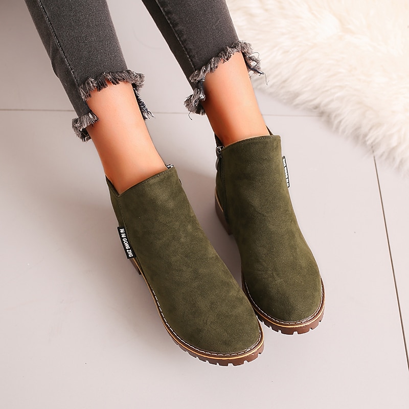 Women's Green Faux Suede Ankle Boots with Side Zipper – Casual Slip-On Chunky Heel for Everyday Wear3