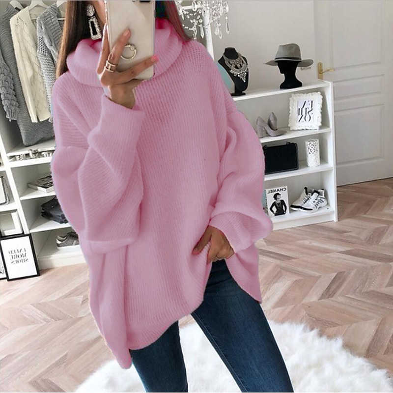 Women's Pullover Sweater Jumper Basic Casual Solid Color Ribbed Turtleneck Drop Shoulder Long Sleeve Tunic Knit Daily Holiday Black White Fall Winter2