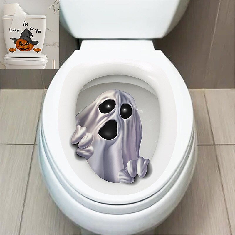 Toilet Stickers Funny Decorations Scary Toilet Cover Decoration 3D Horror Pattern DIY Bathroom Home Decor Skeleton Pumpkin Witch2