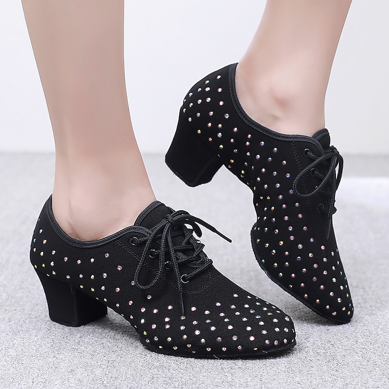 Women's Rhinestone-Embellished Ballroom Dance Shoes - Black Lace-Up Heeled Dance Shoes for Latin and Salsa
